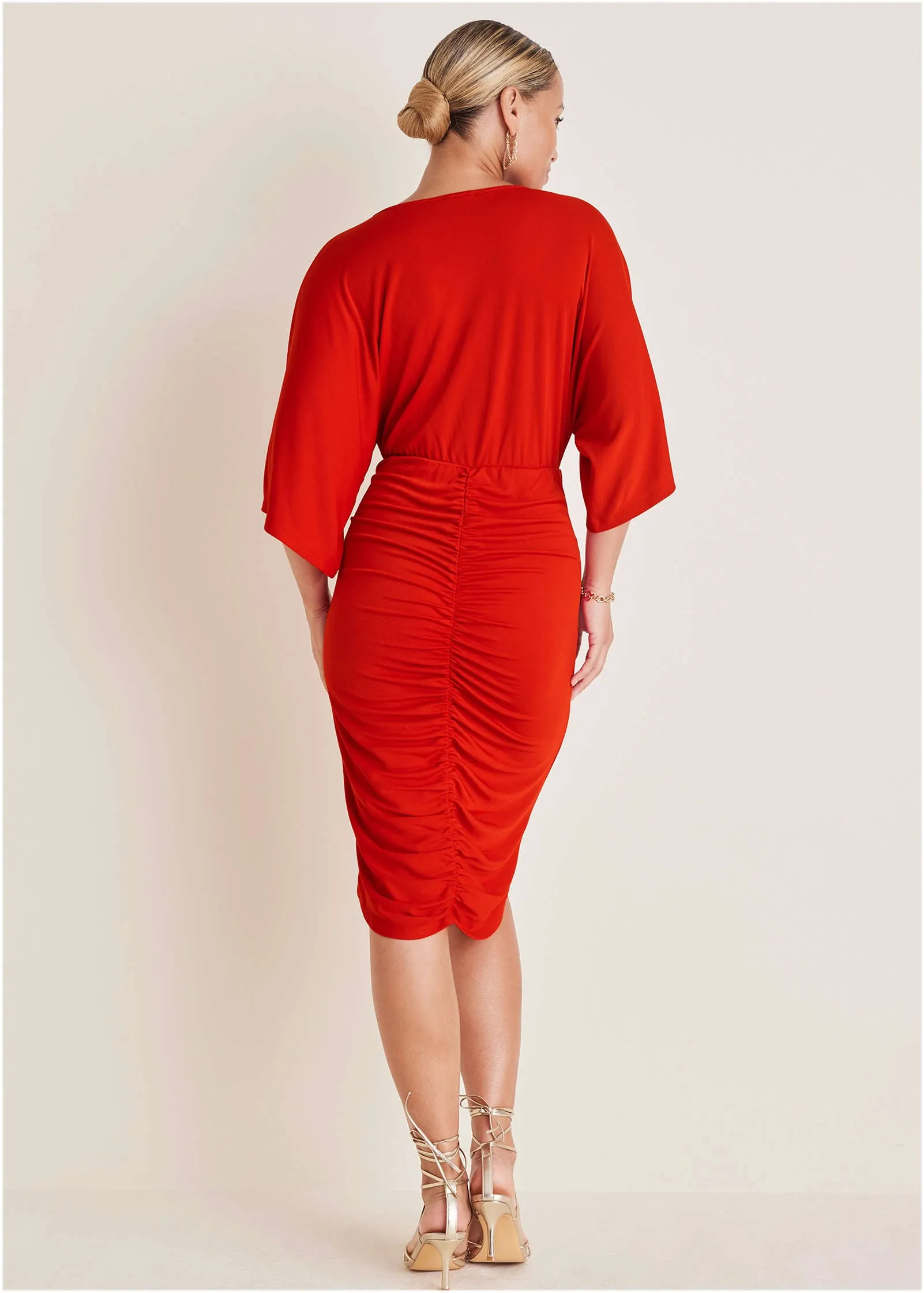 Ruched High-Low Dress - Goji Berry