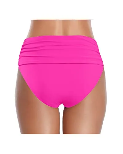 Ruched Tummy Control High Waisted Women's Bikini Bottom-Neon Pink