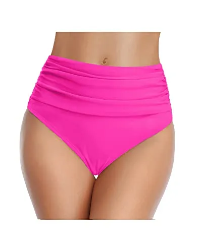 Ruched Tummy Control High Waisted Women's Bikini Bottom-Neon Pink