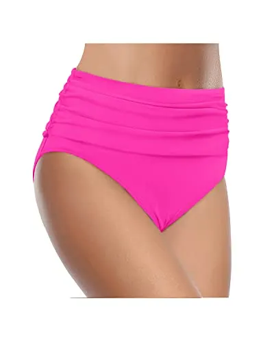 Ruched Tummy Control High Waisted Women's Bikini Bottom-Neon Pink