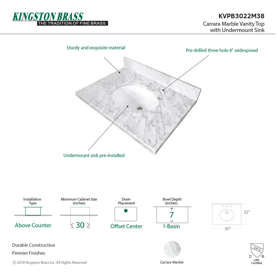 Templeton KVPB3022M38 Marble Vanity Sink Top, Carrara Marble