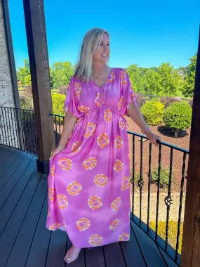 Tropical Shoreline Pink Printed Poly Crepe Maxi Dress