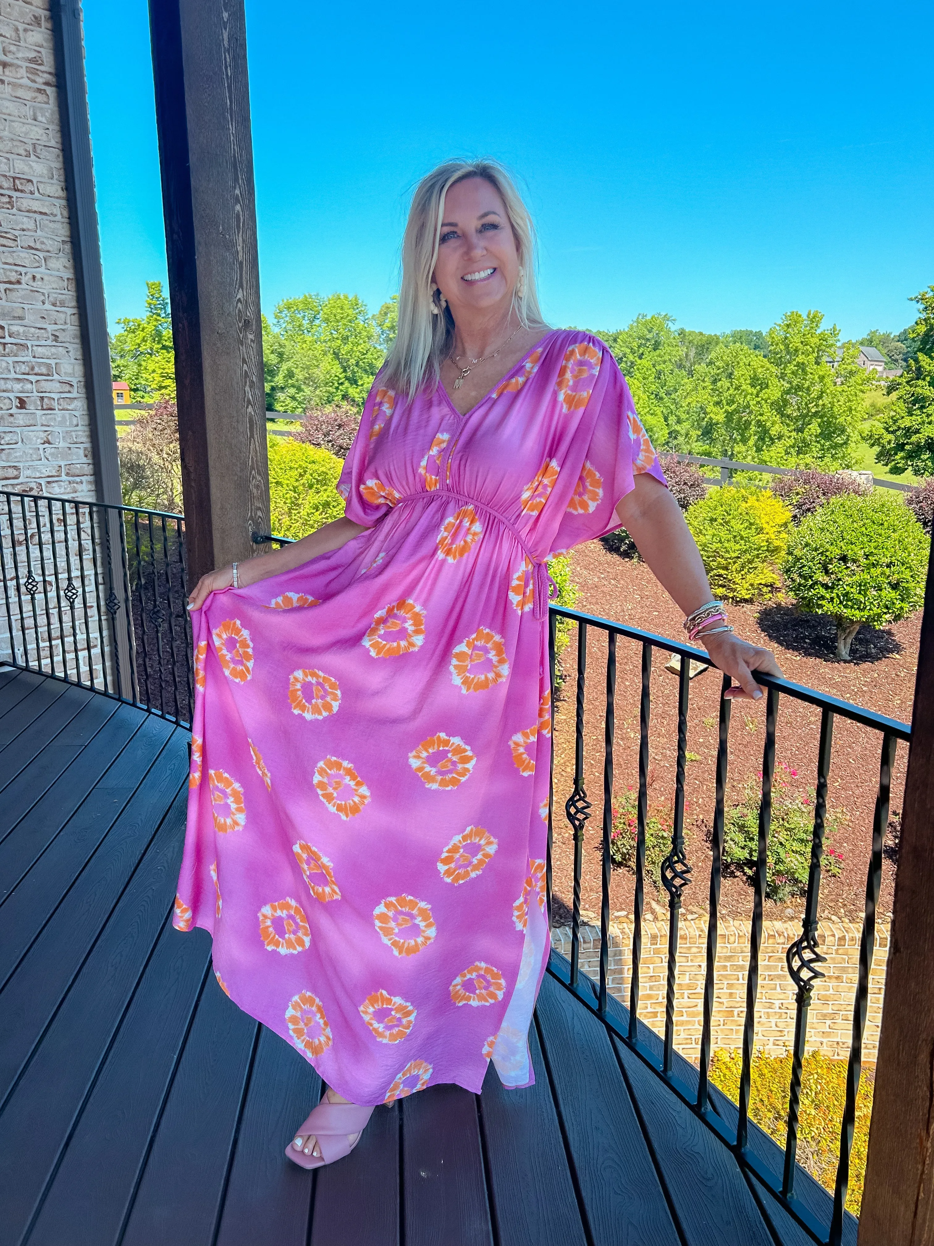 Tropical Shoreline Pink Printed Poly Crepe Maxi Dress