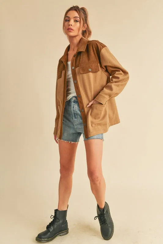 Two Tone Button Up Jacket with Pockets