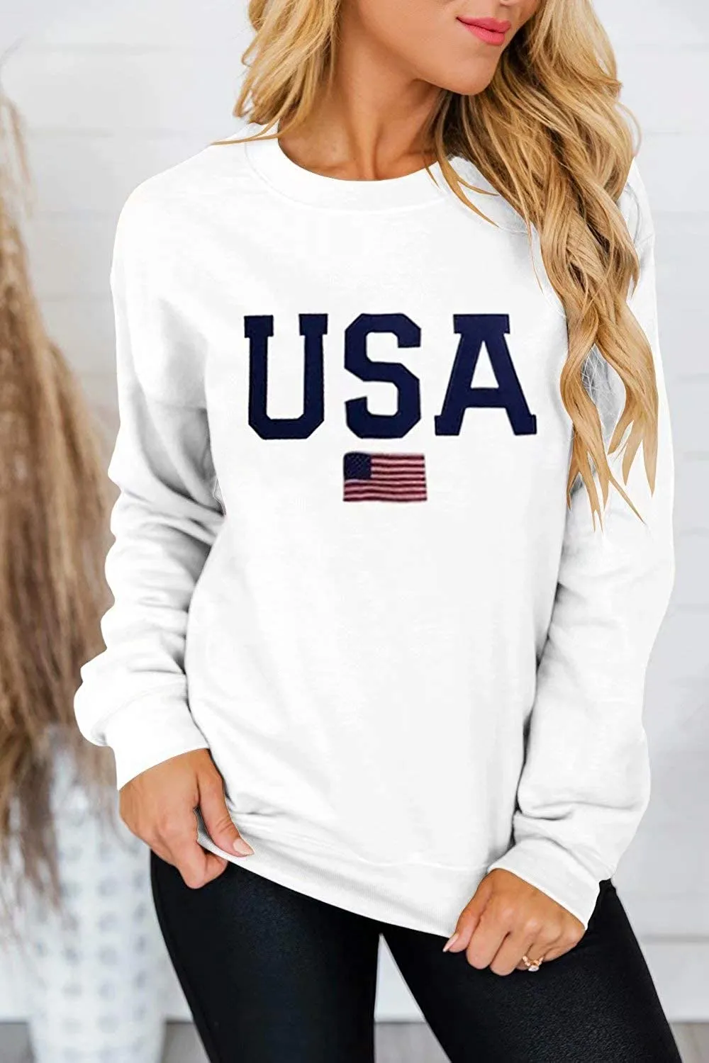 Womens Casual Long Sleeve Graphic Tee USA Crew neck Tops