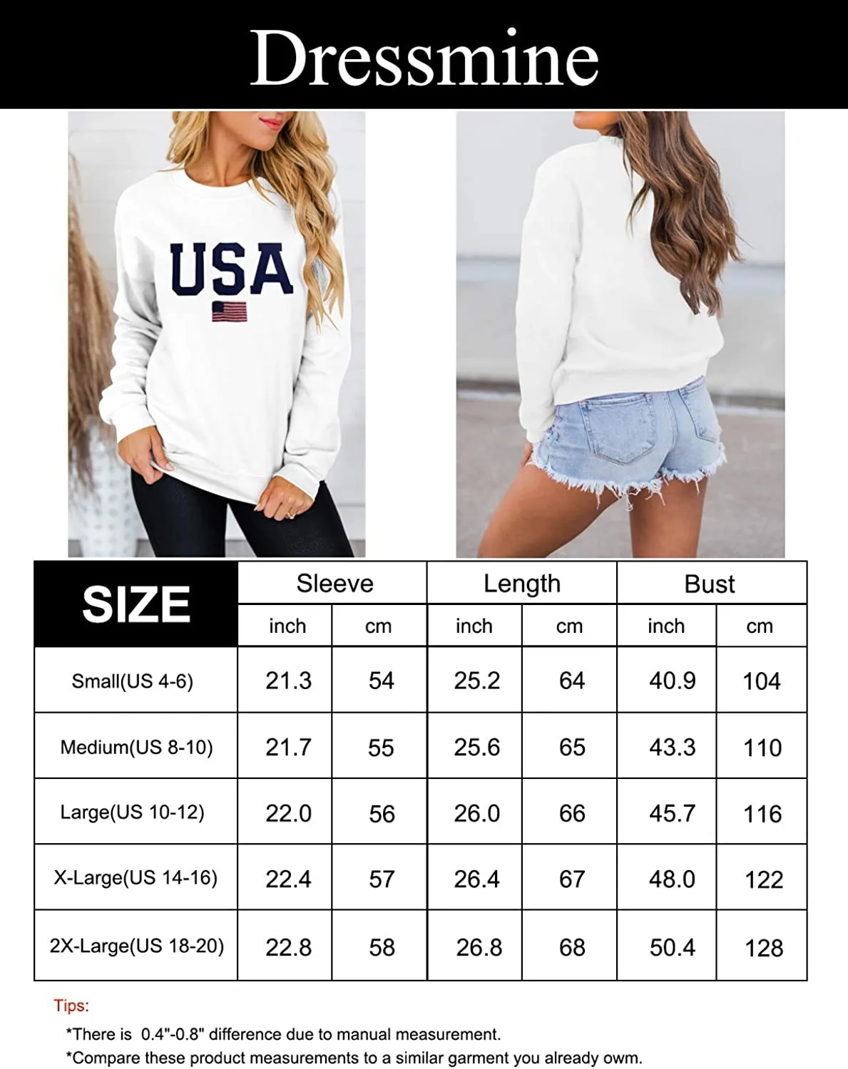 Womens Casual Long Sleeve Graphic Tee USA Crew neck Tops
