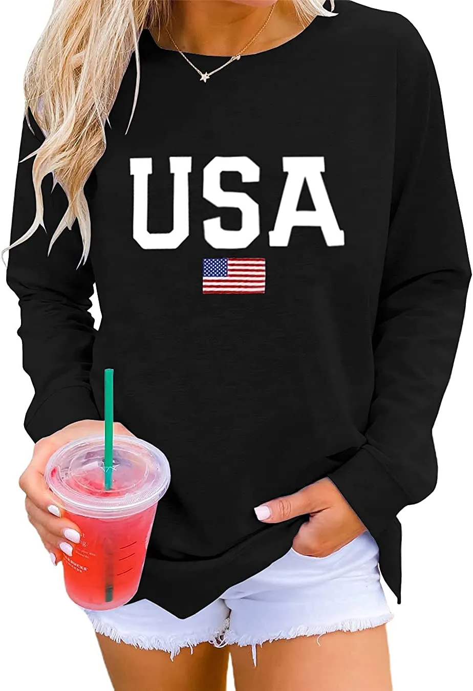Womens Casual Long Sleeve Graphic Tee USA Crew neck Tops