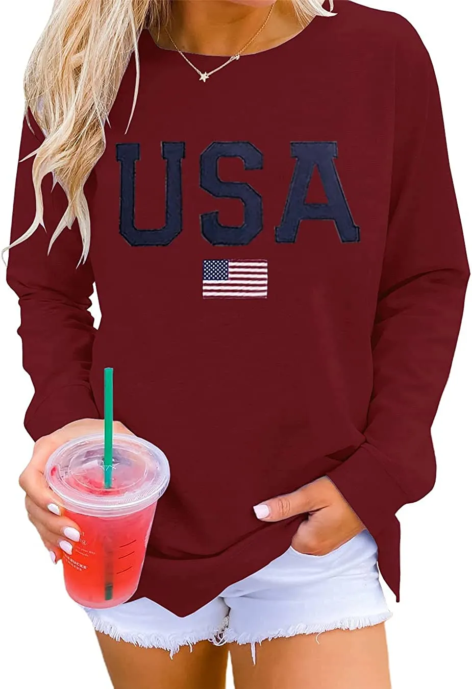 Womens Casual Long Sleeve Graphic Tee USA Crew neck Tops