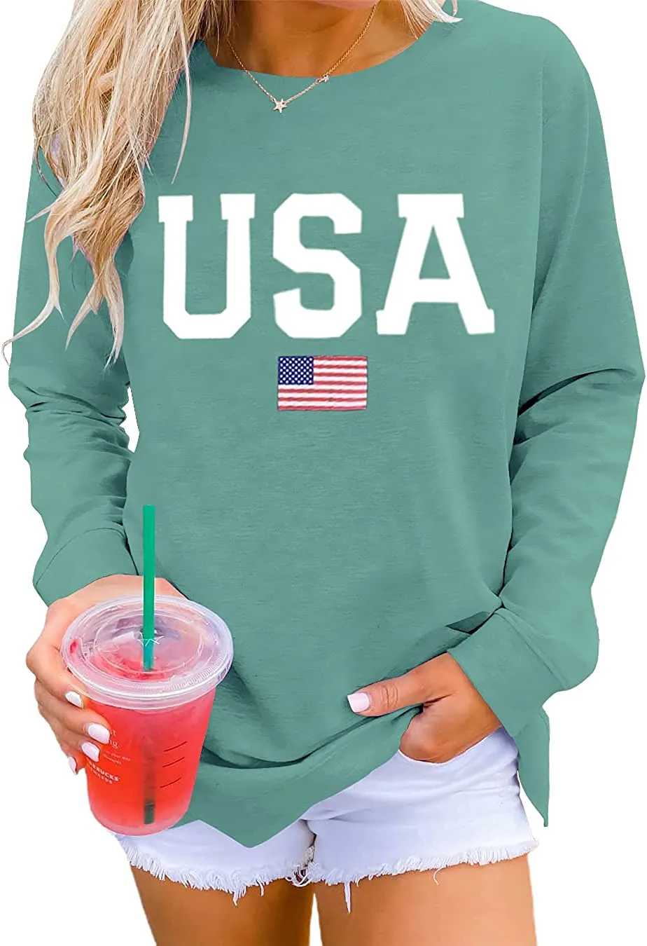 Womens Casual Long Sleeve Graphic Tee USA Crew neck Tops