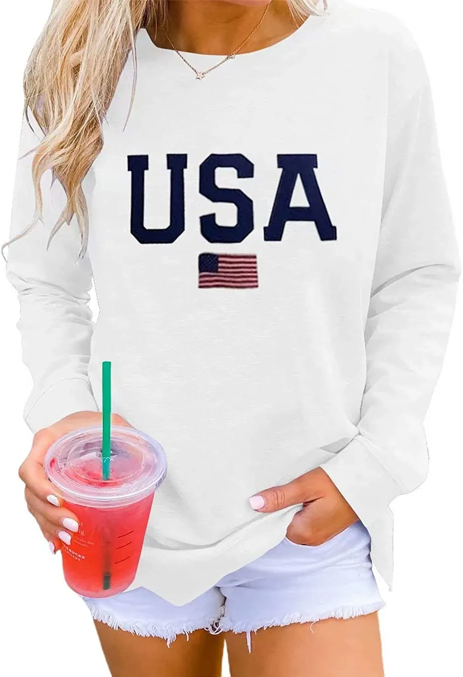 Womens Casual Long Sleeve Graphic Tee USA Crew neck Tops