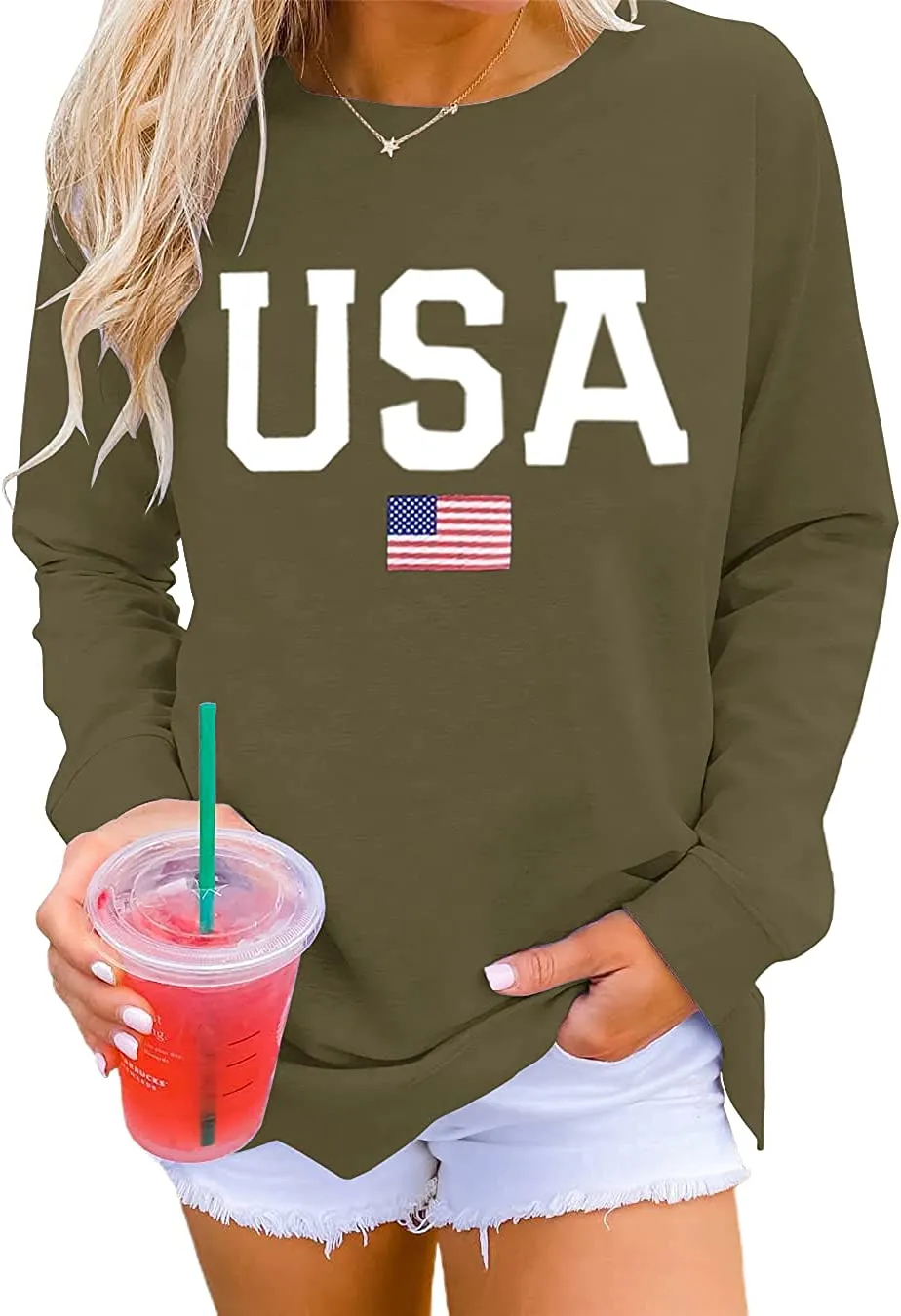 Womens Casual Long Sleeve Graphic Tee USA Crew neck Tops