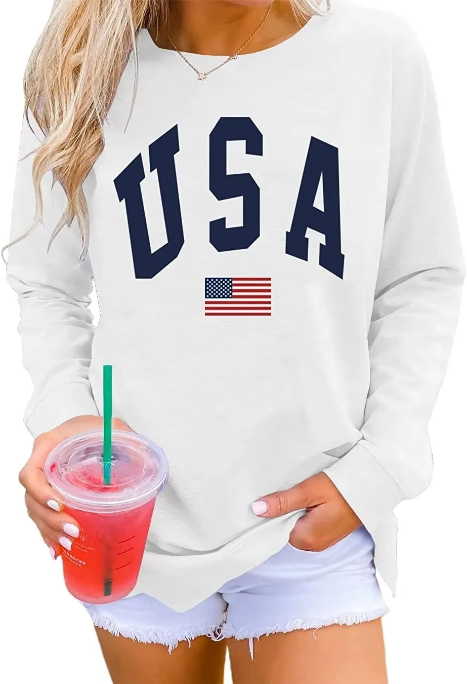 Womens Casual Long Sleeve Graphic Tee USA Crew neck Tops