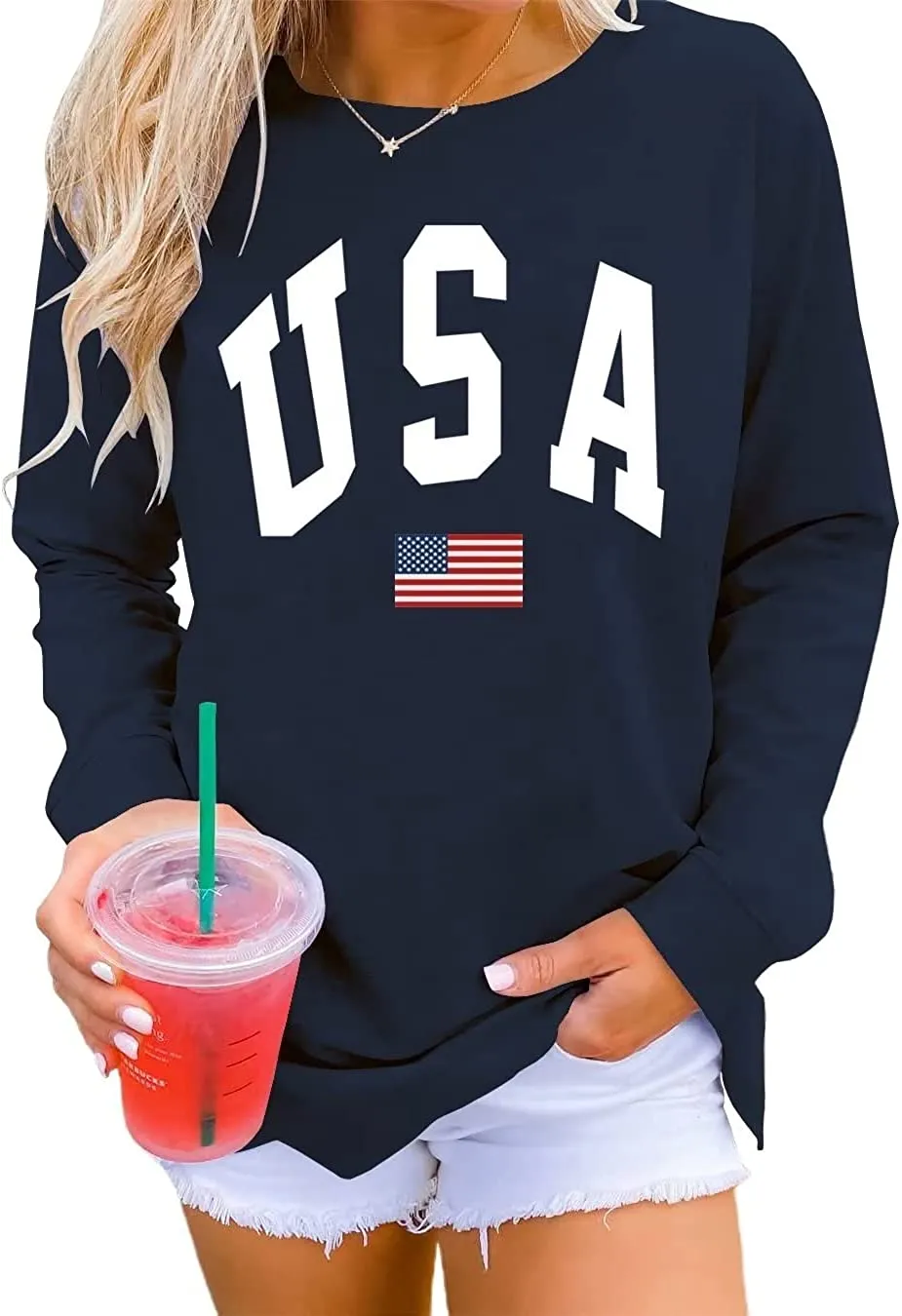 Womens Casual Long Sleeve Graphic Tee USA Crew neck Tops