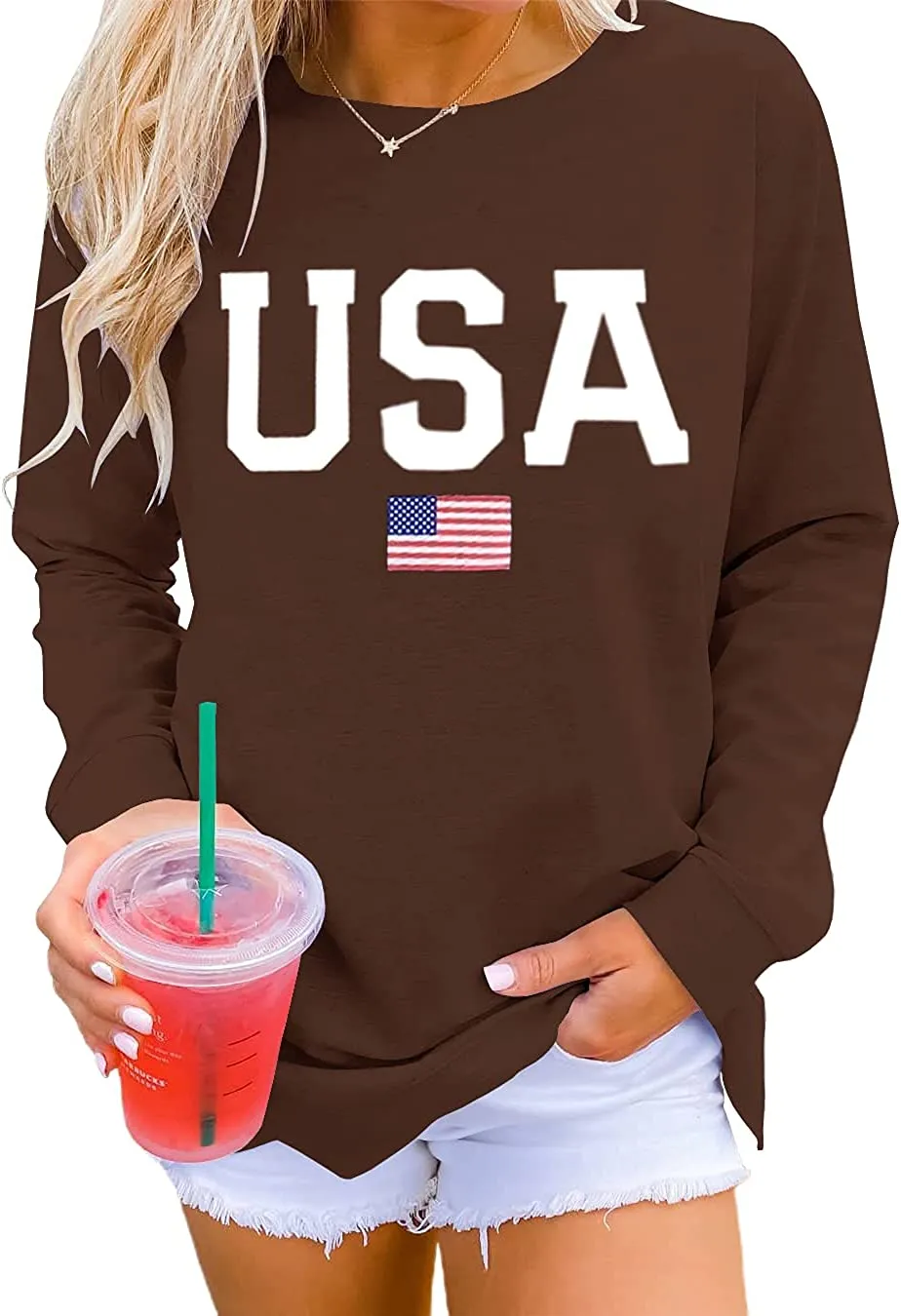 Womens Casual Long Sleeve Graphic Tee USA Crew neck Tops