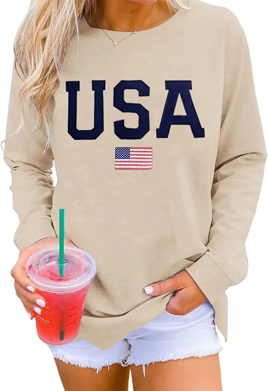 Womens Casual Long Sleeve Graphic Tee USA Crew neck Tops