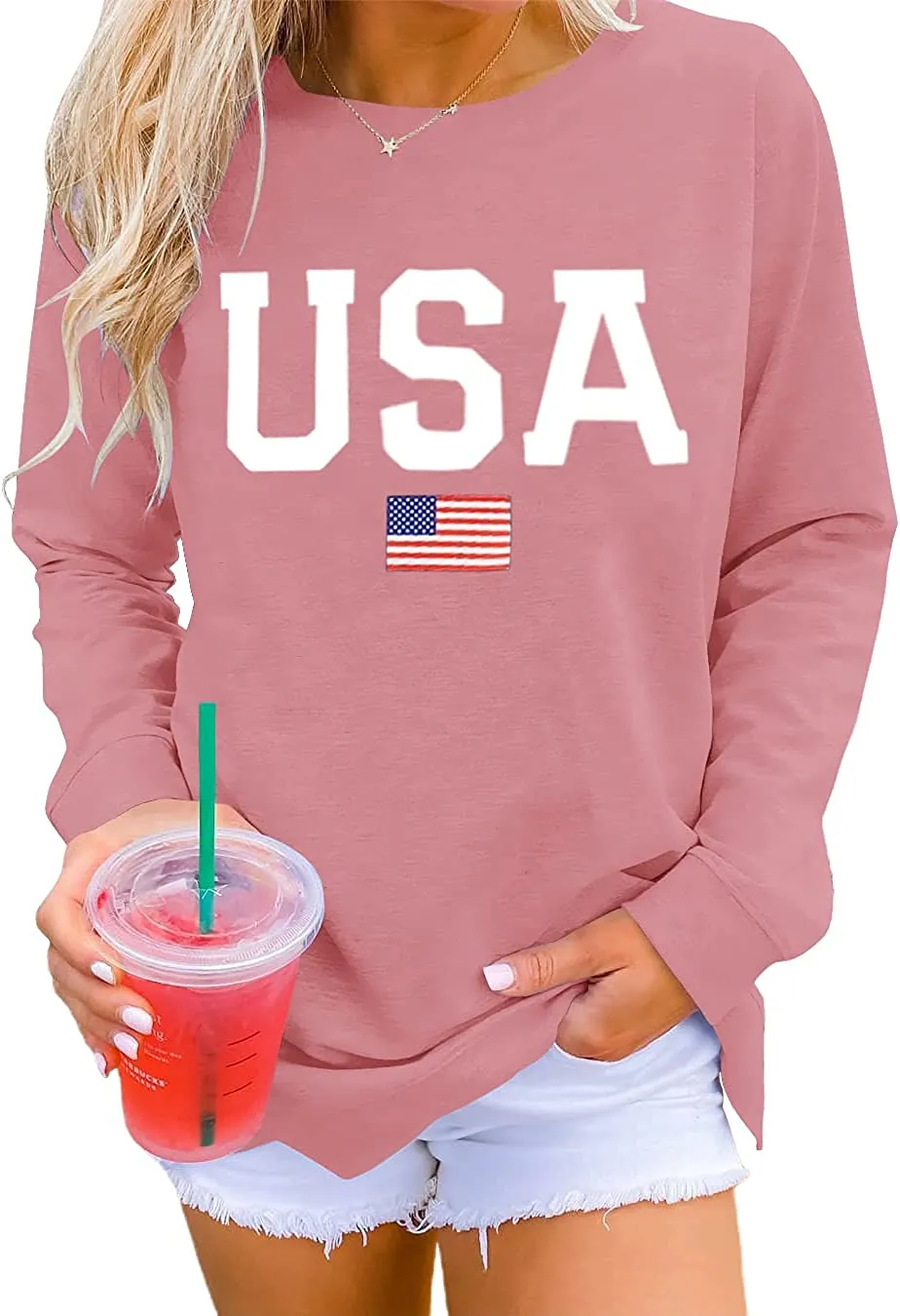 Womens Casual Long Sleeve Graphic Tee USA Crew neck Tops