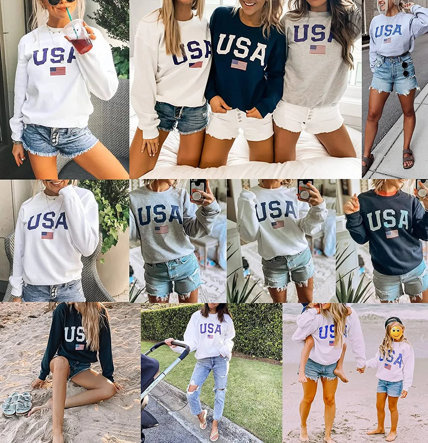 Womens Casual Long Sleeve Graphic Tee USA Crew neck Tops