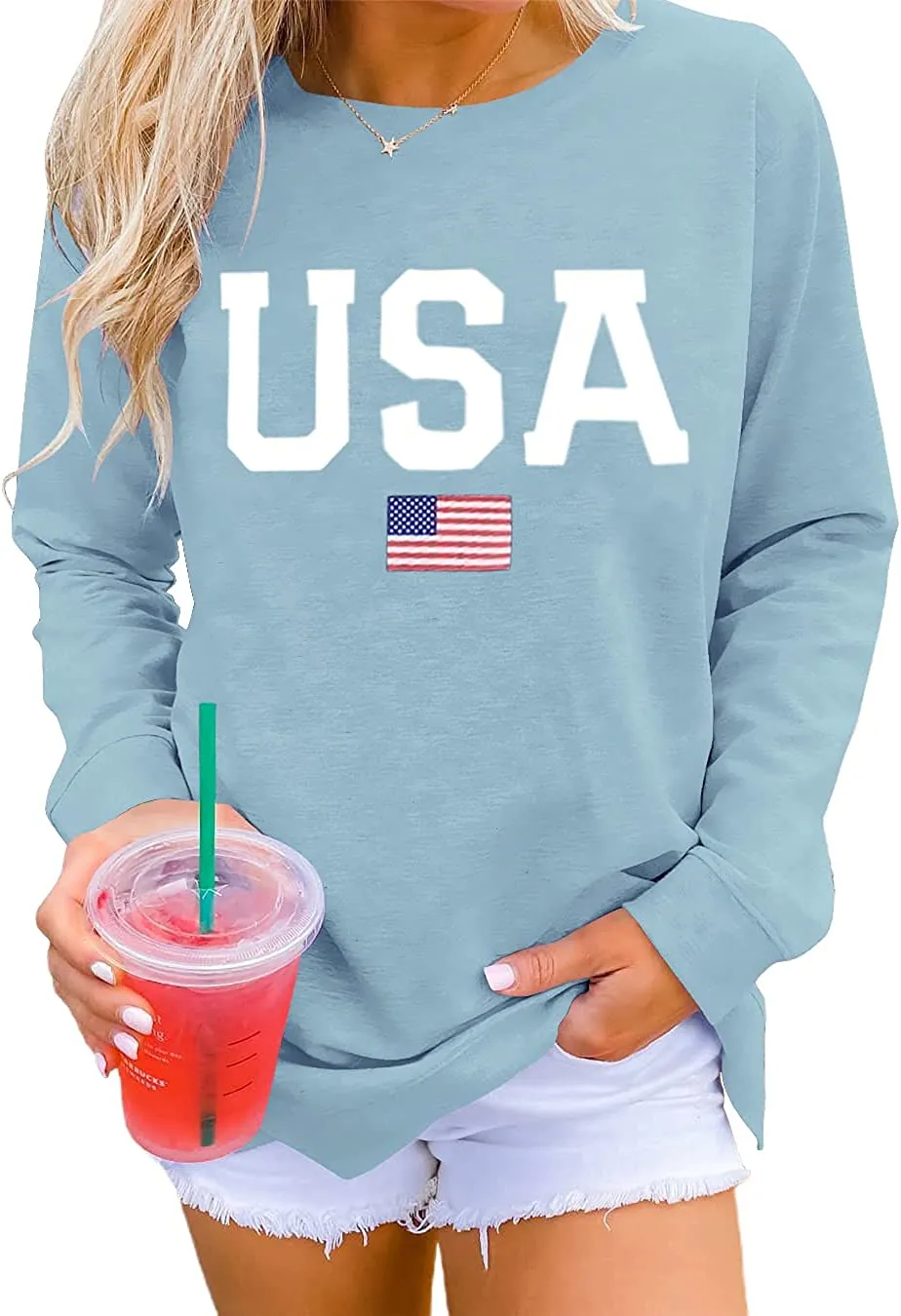 Womens Casual Long Sleeve Graphic Tee USA Crew neck Tops