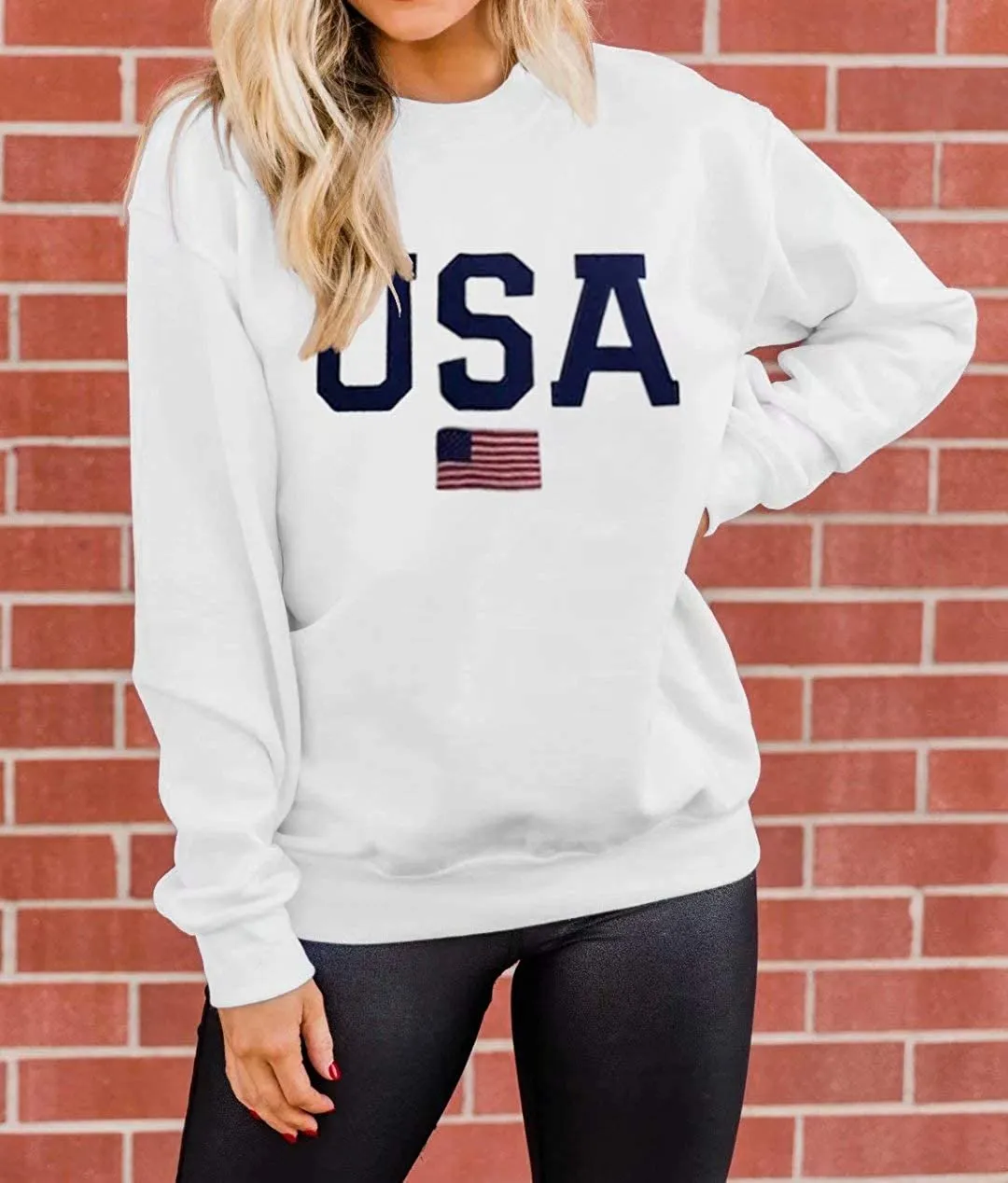 Womens Casual Long Sleeve Graphic Tee USA Crew neck Tops