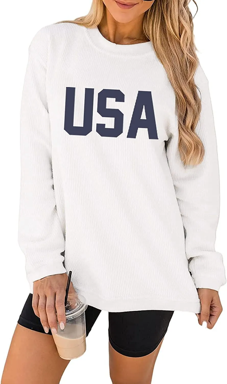 Womens Casual Long Sleeve Graphic Tee USA Crew neck Tops
